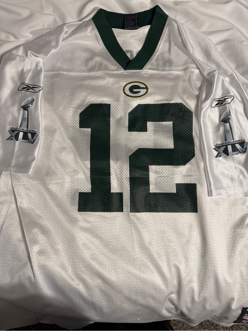 Reebok White and Dark Green #12 Football Jersey